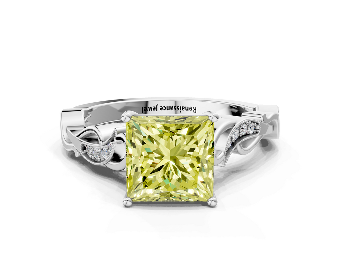 White gold Fancy Yellow Princess  Solitaire Vine Band with Milgrain Prong Setting_3
