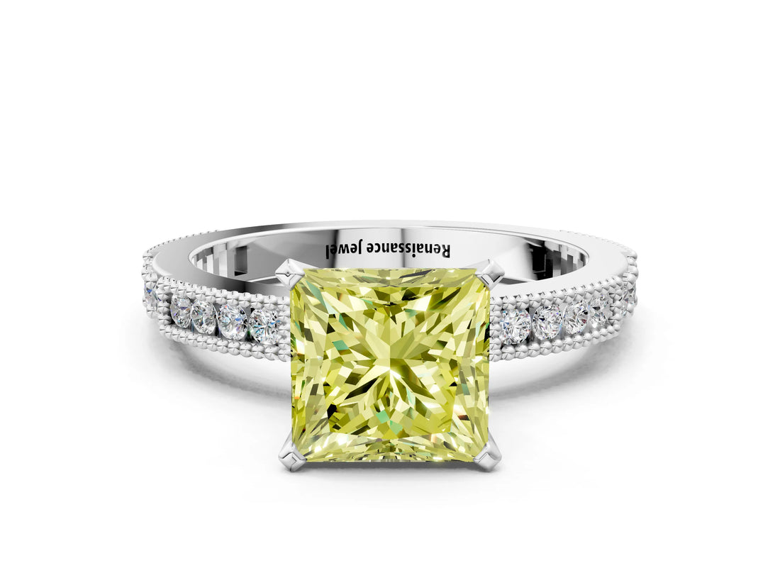 White gold Fancy Yellow Princess  Solitaire with Pavé Band and Four-Prong Setting_29