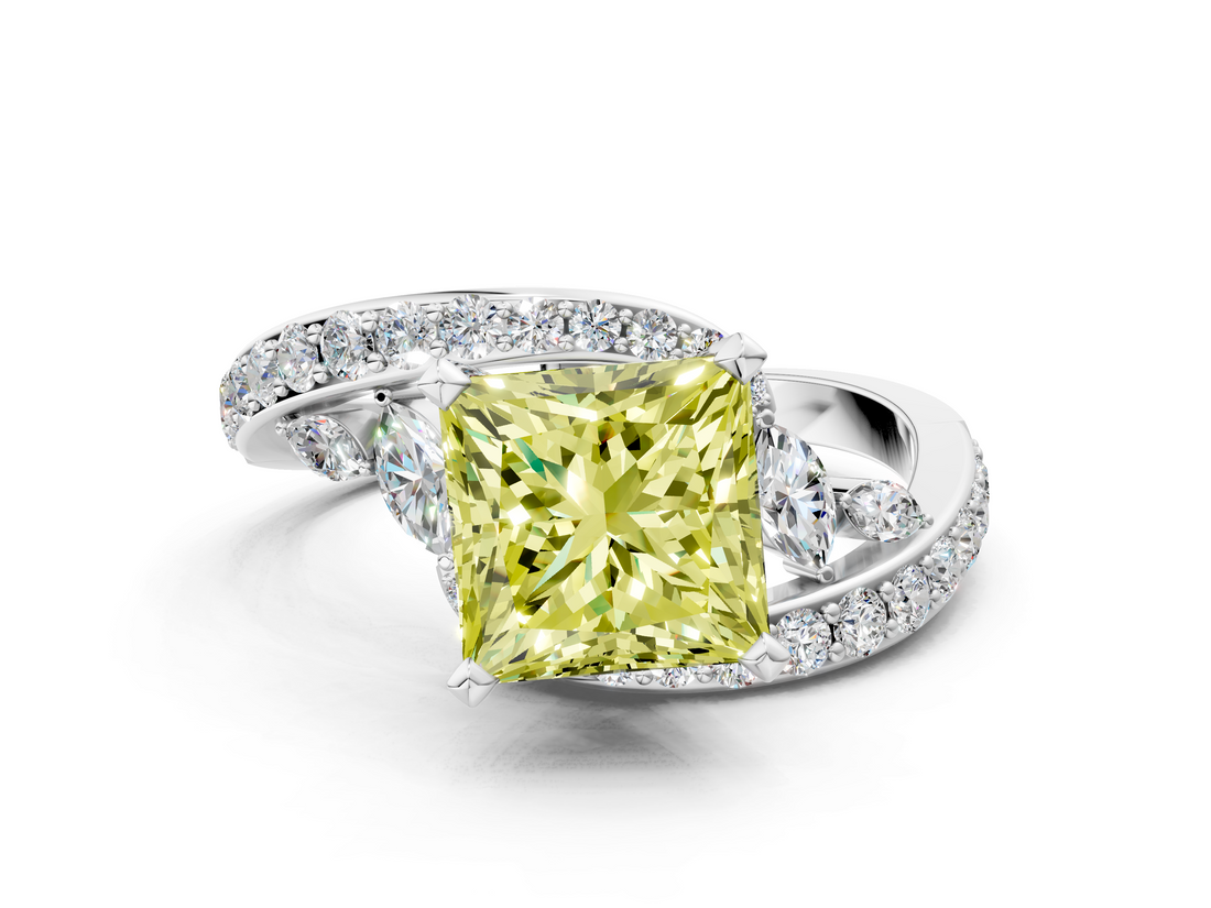 White gold Fancy Yellow Princess  Solitaire with Pavé Twist Band and Four-Prong Setting