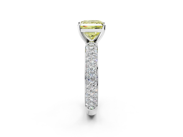 White gold Fancy Yellow Princess  Diamond Solitaire Ring with Prong Setting and Pavé Band