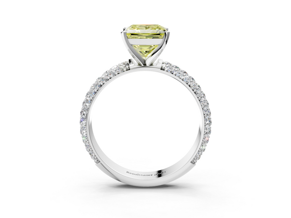 White gold Fancy Yellow Princess  Diamond Solitaire Ring with Prong Setting and Pavé Band