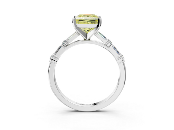 White gold Fancy Yellow Princess Cut Diamond Solitaire with Side Baguettes and Channel Set Band