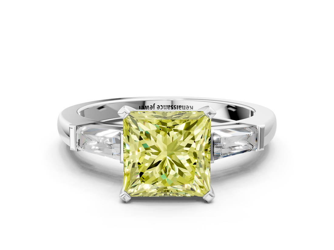 White gold Fancy Yellow Princess  Solitaire with Tapered Baguette Side Stones on a Classic Band with Four-Prong Setting