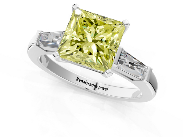 White gold Fancy Yellow Princess  Solitaire with Tapered Baguette Side Stones on a Classic Band with Four-Prong Setting