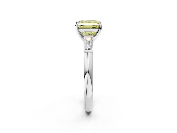 White gold Fancy Yellow Princess  Solitaire with Tapered Baguette Side Stones on a Classic Band with Four-Prong Setting