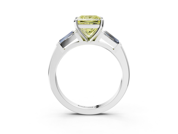White gold Fancy Yellow Princess  Solitaire with Tapered Baguette Side Stones on a Classic Band with Four-Prong Setting