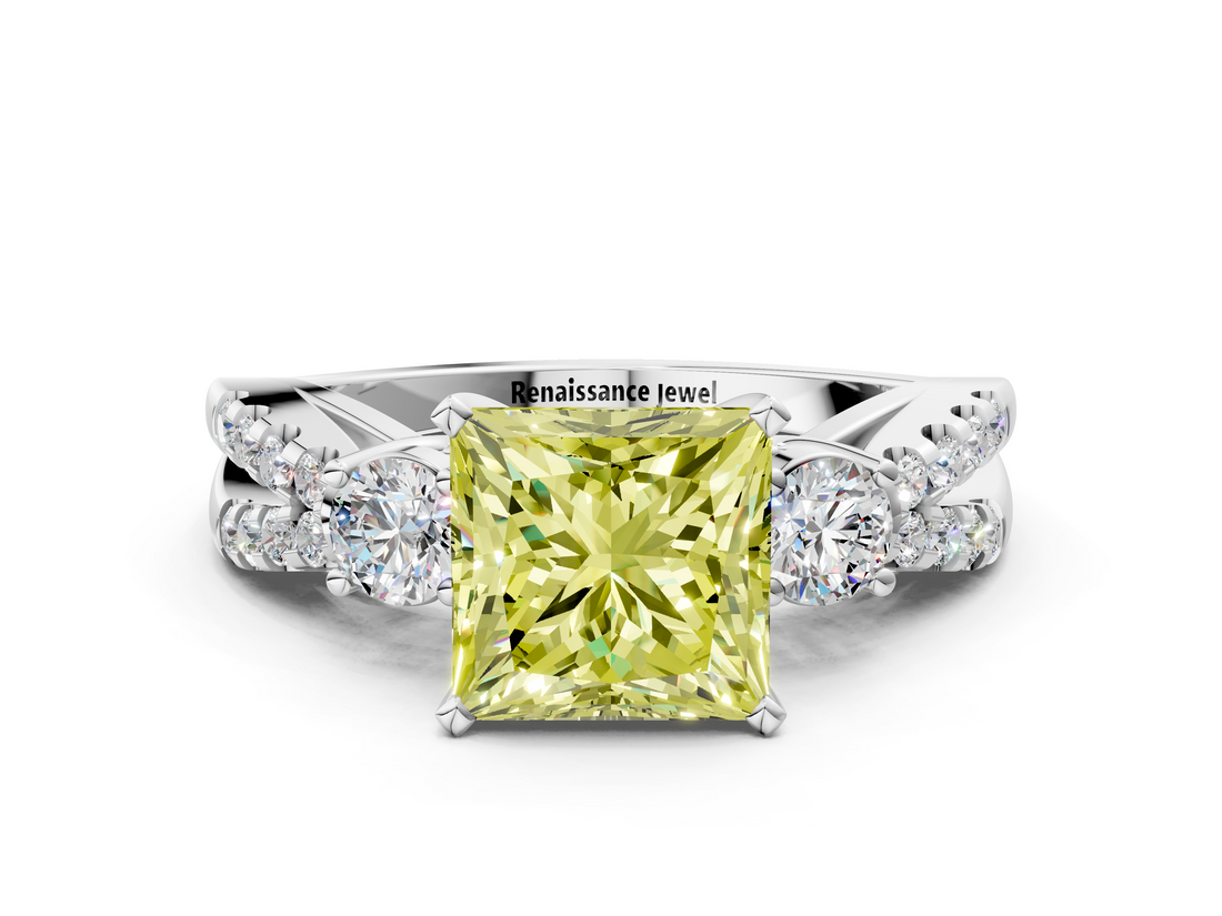 White gold Fancy Yellow Princess  Three-Stone Diamond Ring with Pavé Split Shank and Four-Prong Setting