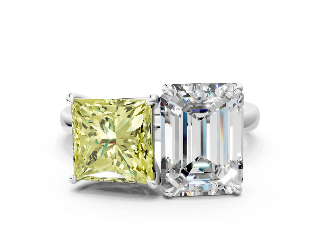 White gold Fancy Yellow Princess  and Emerald Cut Toi Moi Ring with Prong Setting_29