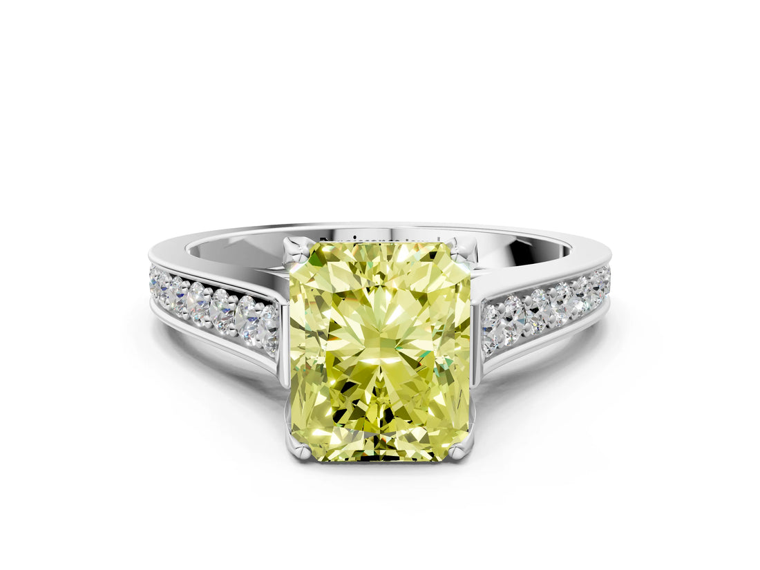 White gold Fancy Yellow Radiant  Brilliant Cut Diamond Engagement Ring with Pavé Band and Four-Prong Setting_48