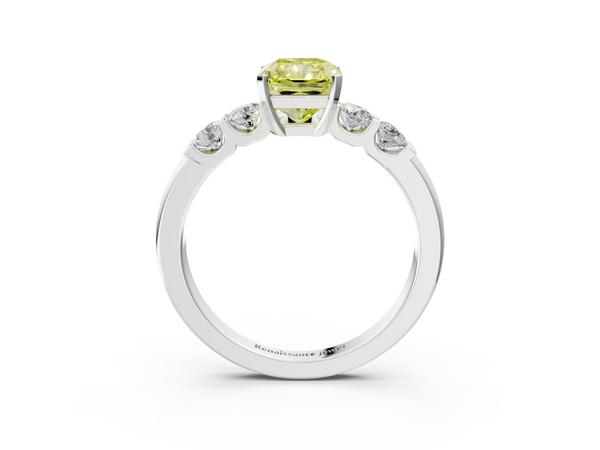 White gold Fancy Yellow Radiant  Brilliant Cut Diamond Five-Stone Prong Set Engagement Ring with Channel Band