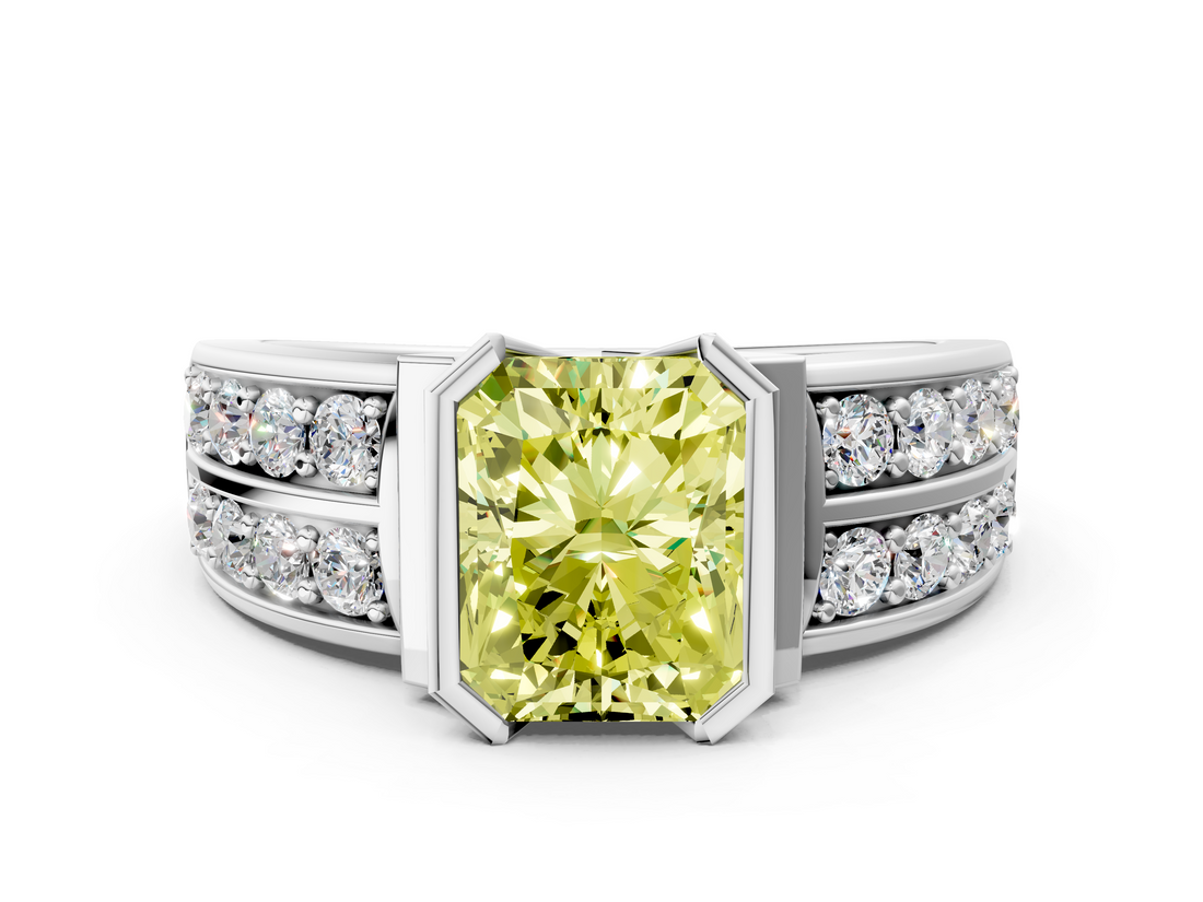 White gold Fancy Yellow Radiant  Brilliant Diamond Channel Set Wide Band Ring with Bezel Setting_20