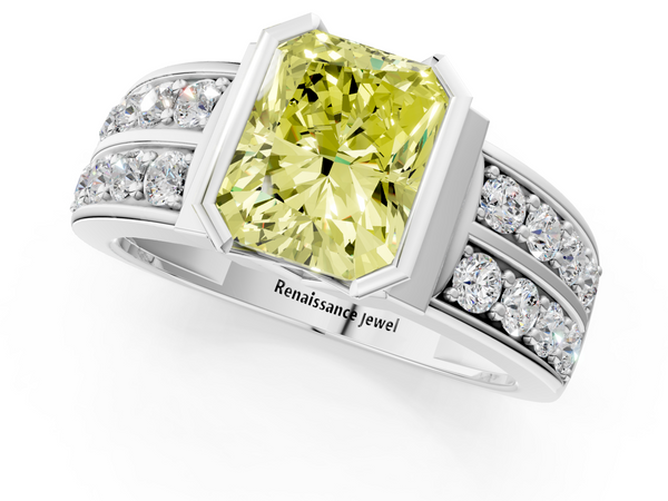 Platinum Fancy Yellow Radiant  Brilliant Diamond Channel Set Wide Band Ring with Bezel Setting