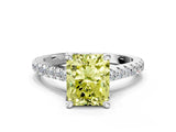 White gold Fancy Yellow Radiant  Brilliant Diamond Solitaire with Pavé Band and Four-Prong Setting