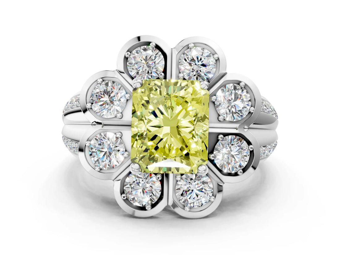 White gold Fancy Yellow Radiant  Brilliant Flower Halo Diamond Split Shank Ring_39