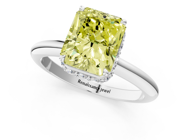 White gold Fancy Yellow Radiant  Brilliant Solitaire Engagement Ring with Six-Prong Setting and Classic Band