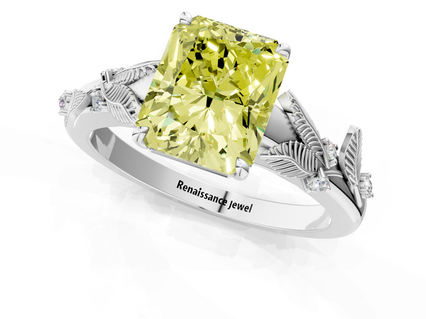 Platinum Fancy Yellow Radiant Cut Diamond Solitaire Ring with Leaf Motif Band and Four-Prong Setting