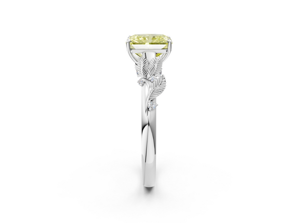 Platinum Fancy Yellow Radiant Cut Diamond Solitaire Ring with Leaf Motif Band and Four-Prong Setting