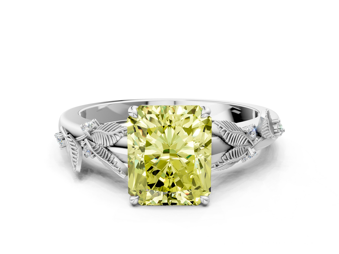 White gold Fancy Yellow Radiant  Brilliant Solitaire with Leaf Motif Band and Four-Prong Setting_64
