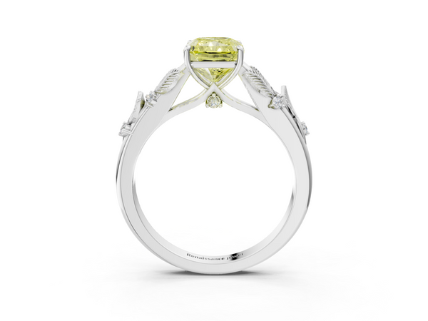 Platinum Fancy Yellow Radiant Cut Diamond Solitaire Ring with Leaf Motif Band and Four-Prong Setting