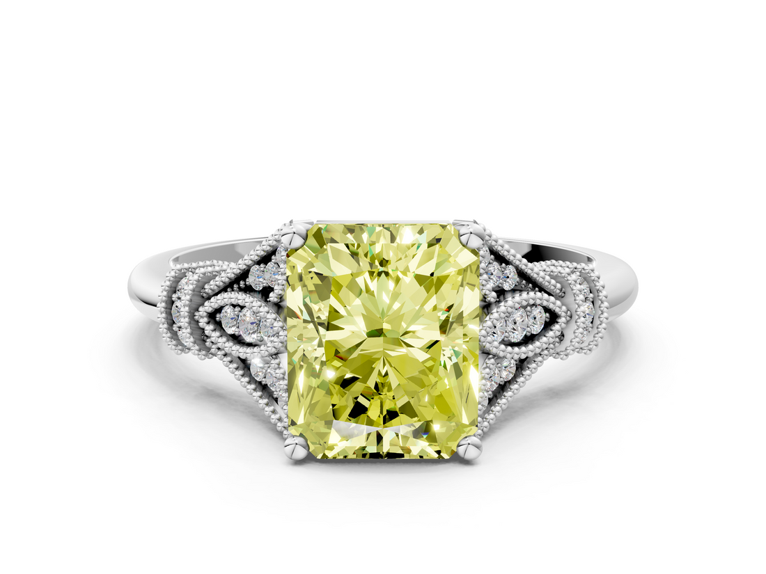 White gold Fancy Yellow Radiant  Brilliant Solitaire with Pave Band and Four-Prong Setting_20