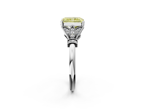White gold Fancy Yellow Radiant  Diamond Solitaire Ring with Floral Filigree and Pave Accents