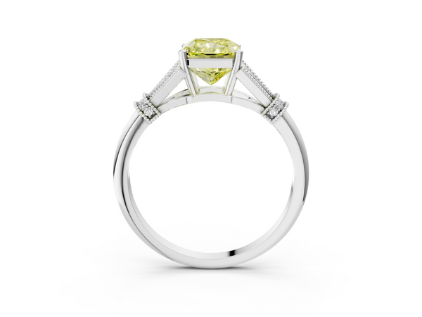 White gold Fancy Yellow Radiant  Diamond Solitaire Ring with Floral Filigree and Pave Accents