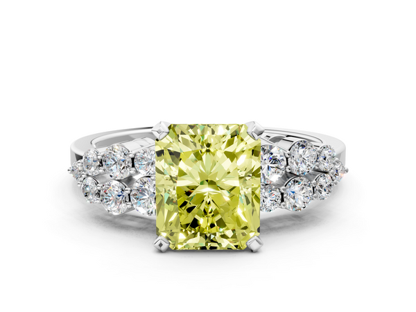 Platinum Fancy Yellow Radiant  Cluster Diamond Engagement Ring with Pavé Band and Four-Prong Setting