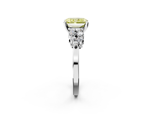 Platinum Fancy Yellow Radiant  Cluster Diamond Engagement Ring with Pavé Band and Four-Prong Setting