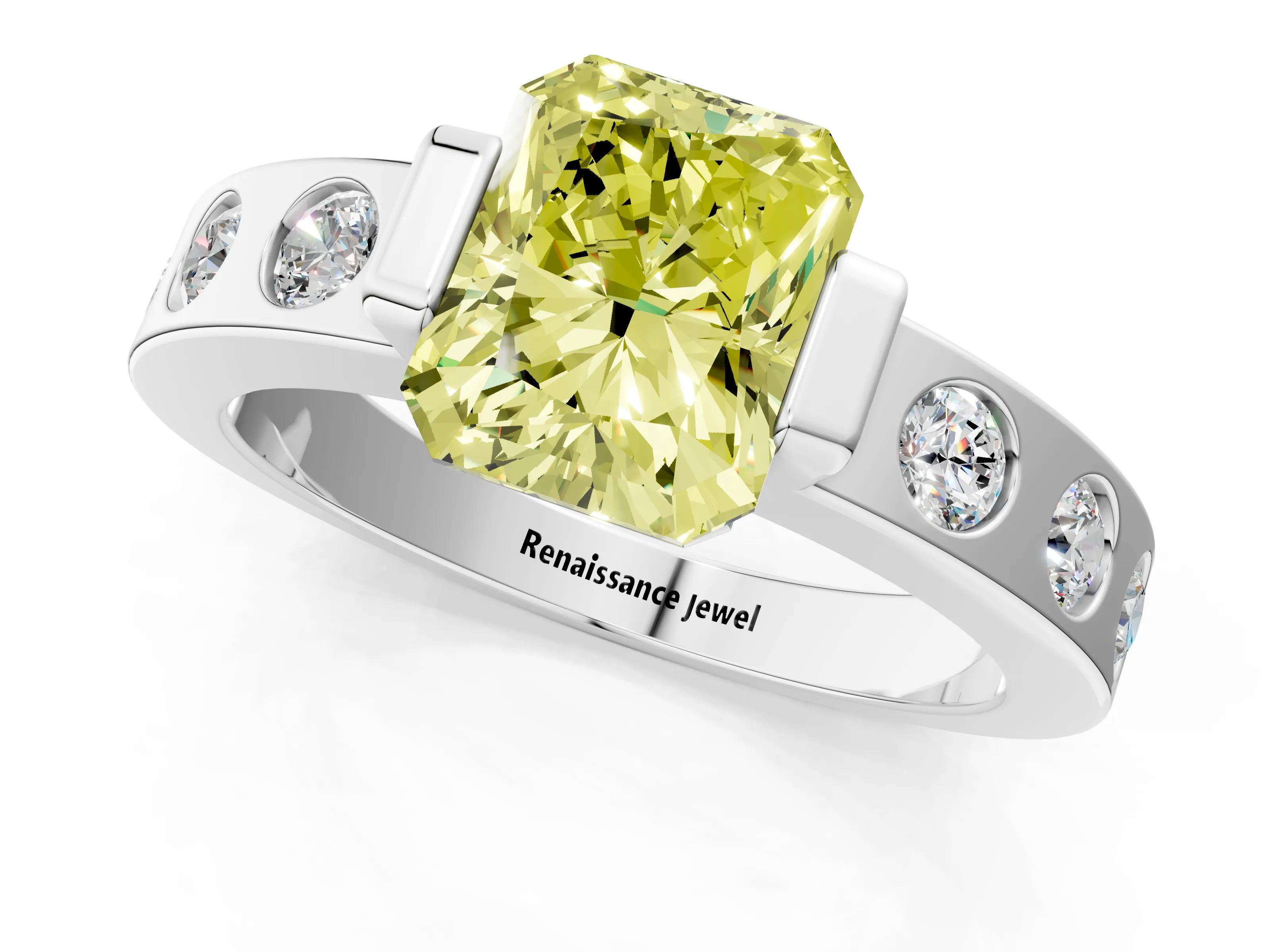 White gold Fancy Yellow Radiant Cut Brilliant Channel-Set Diamond Ring with Bezel Prong Setting_1