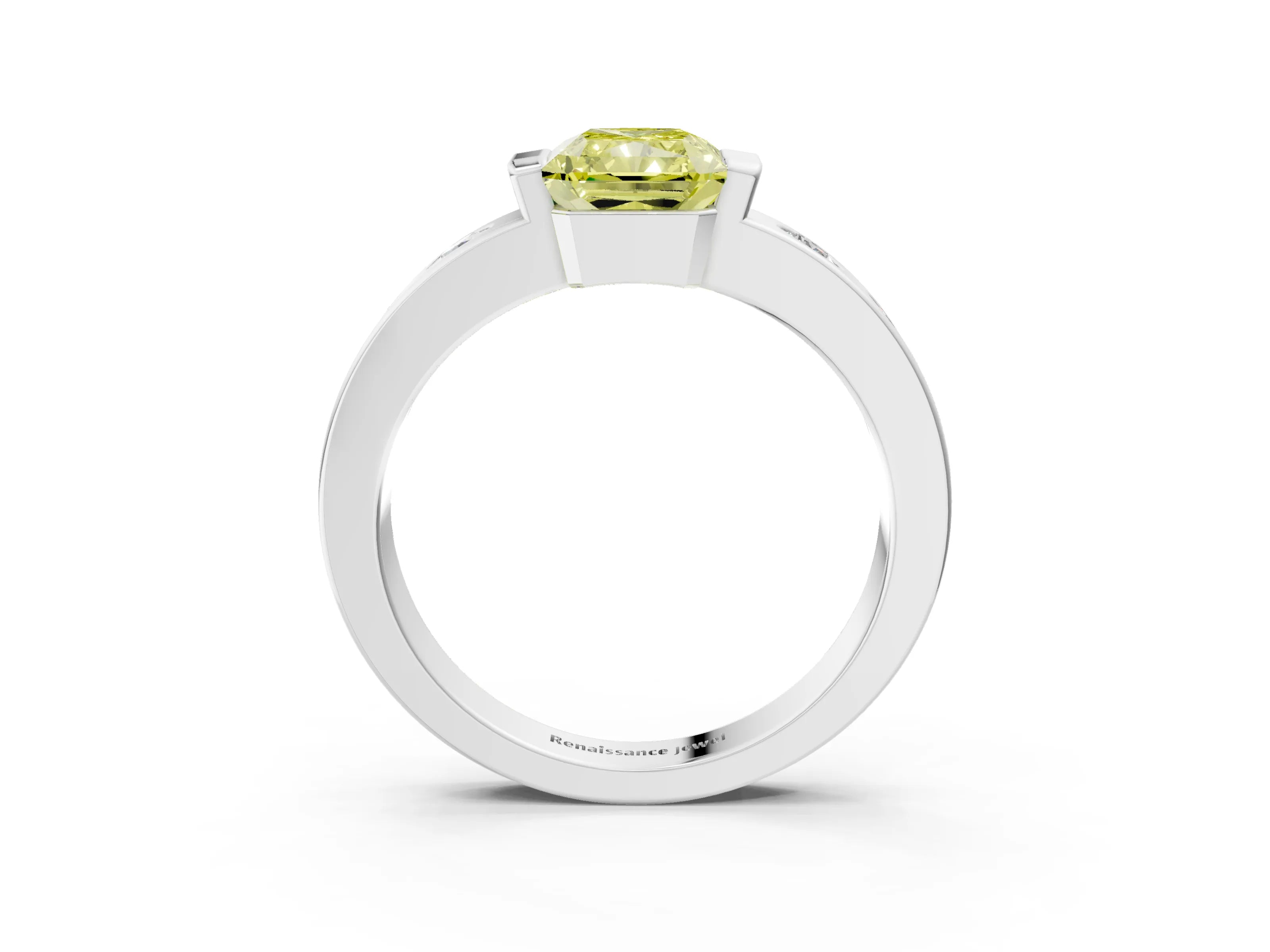 White gold Fancy Yellow Radiant Cut Brilliant Channel-Set Diamond Ring with Bezel Prong Setting_3