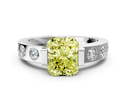 White gold Fancy Yellow Radiant Cut Brilliant Channel-Set Diamond Ring with Bezel Prong Setting