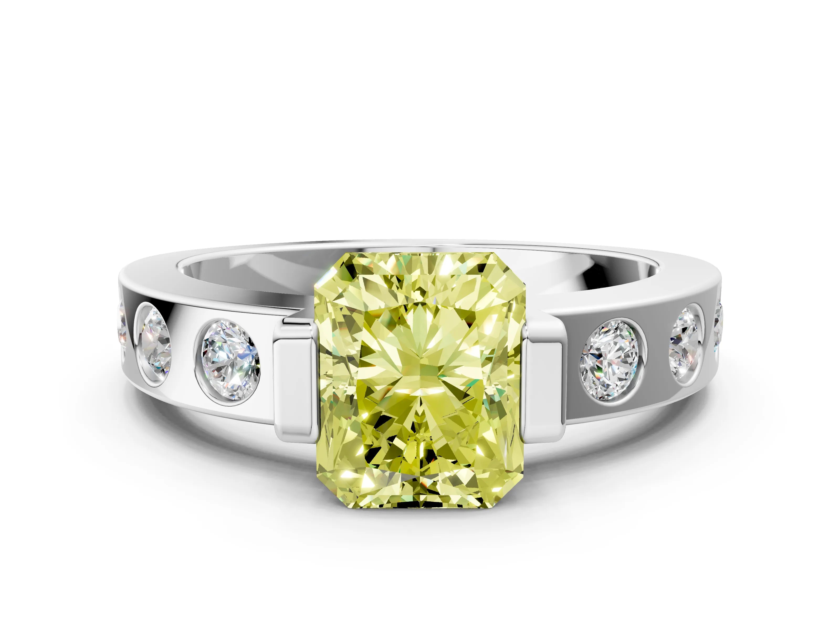 White gold Fancy Yellow Radiant Cut Brilliant Channel-Set Diamond Ring with Bezel Prong Setting