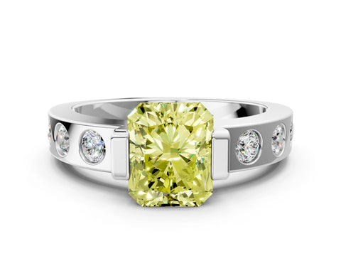 White gold Fancy Yellow Radiant Cut Brilliant Channel-Set Diamond Ring with Bezel Prong Setting