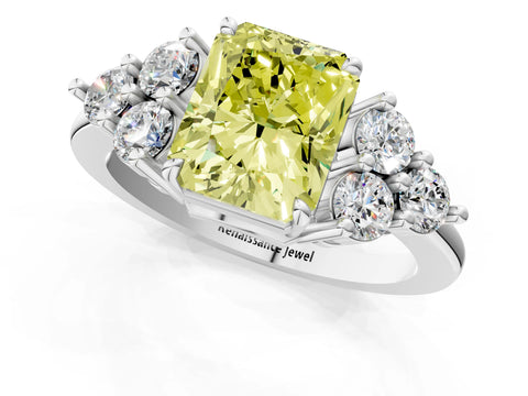 White gold Fancy Yellow Radiant Cut Brilliant Diamond Cluster Accent Solitaire Ring with Prong Setting_1