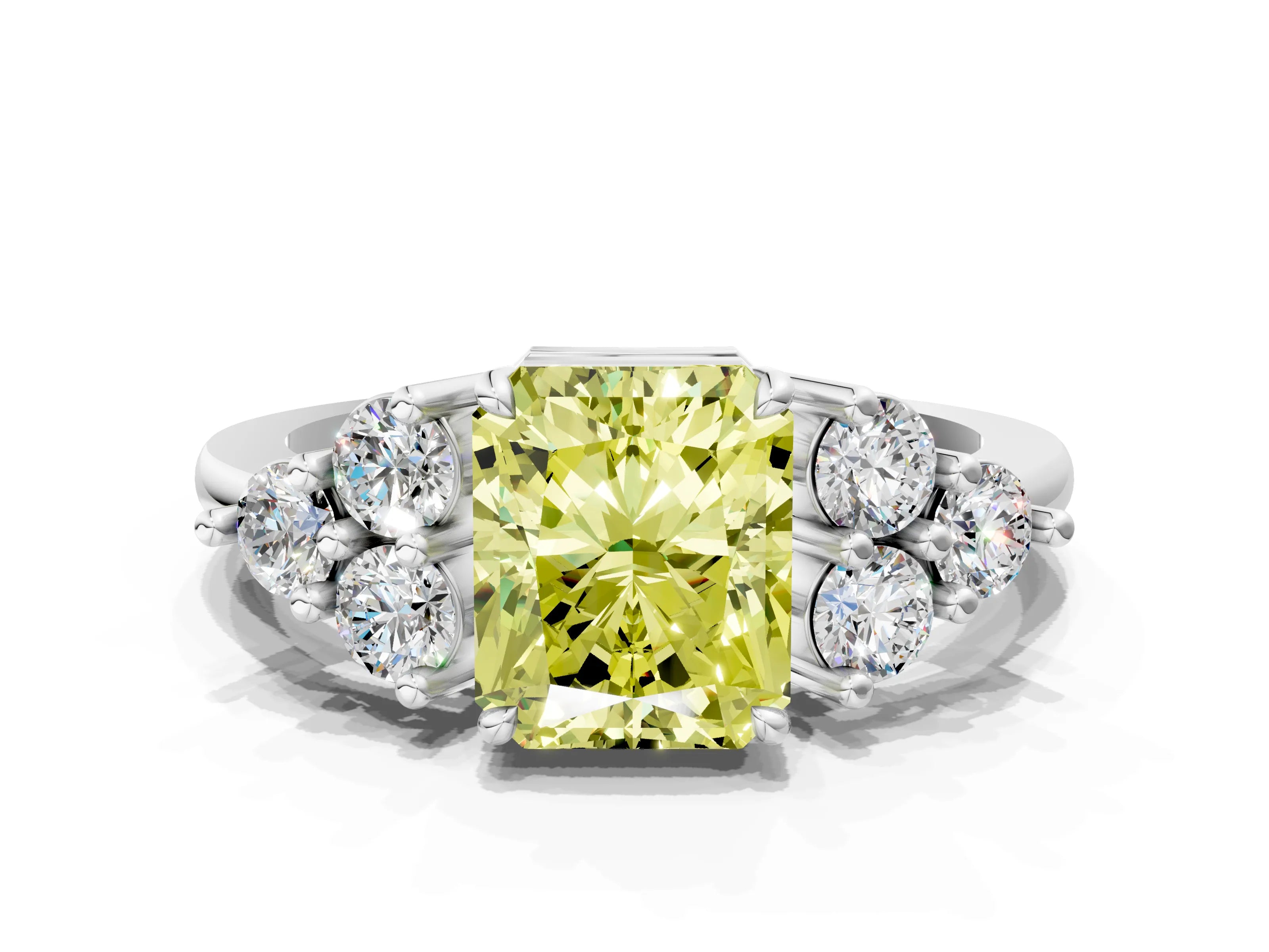 White gold Fancy Yellow Radiant Cut Brilliant Diamond Cluster Accent Solitaire Ring with Prong Setting_24