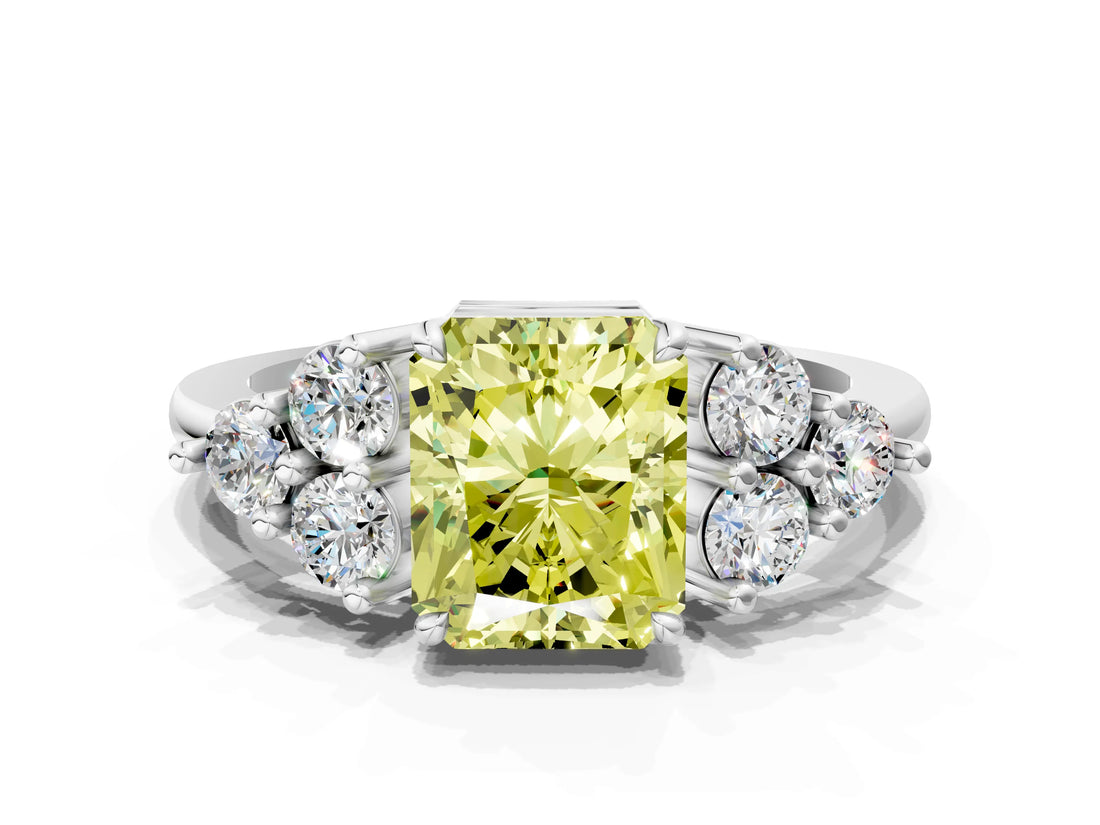 White gold Fancy Yellow Radiant Cut Brilliant Diamond Cluster Accent Solitaire Ring with Prong Setting_24