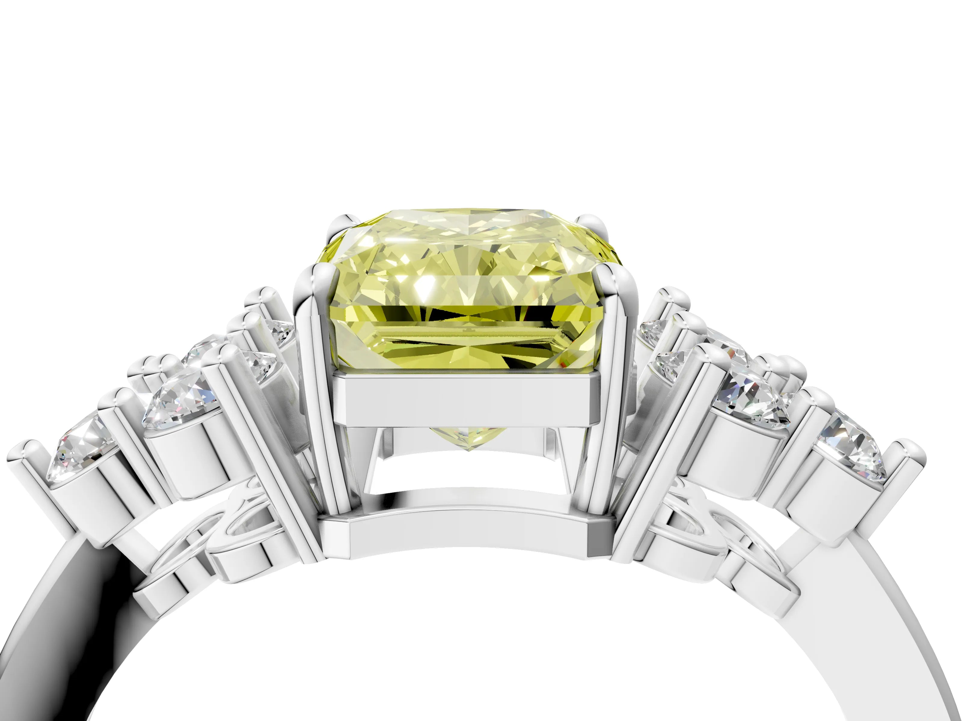 White gold Fancy Yellow Radiant Cut Brilliant Diamond Cluster Accent Solitaire Ring with Prong Setting_4