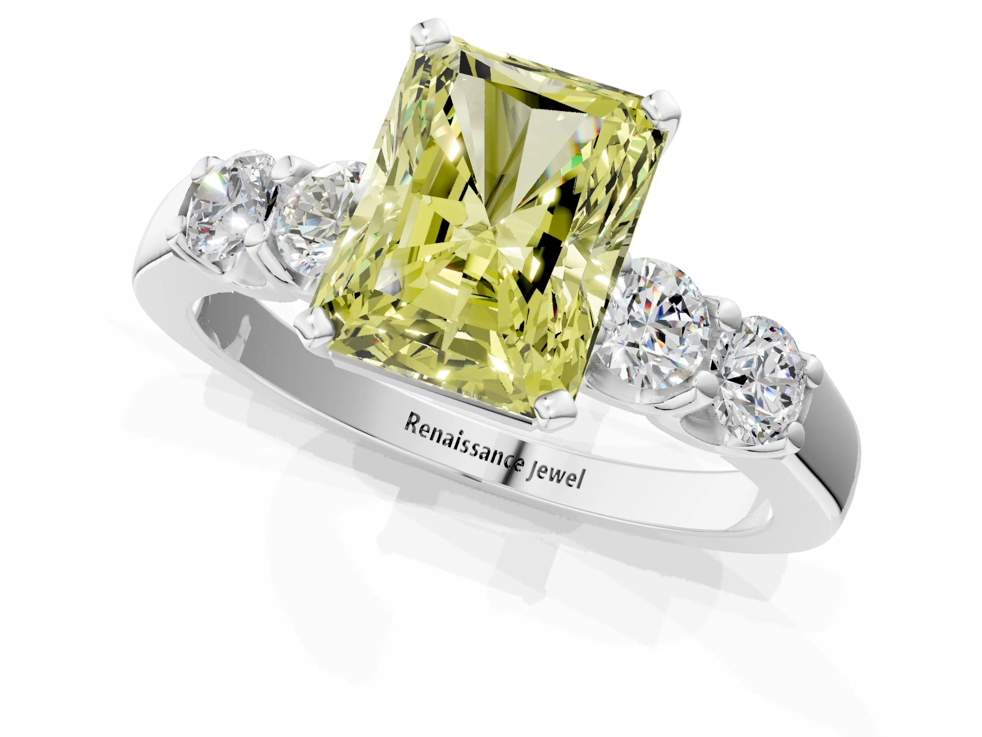 White gold Fancy Yellow Radiant Cut Brilliant Diamond Five-Stone Engagement Ring with Prong Setting on a Classic Band_4