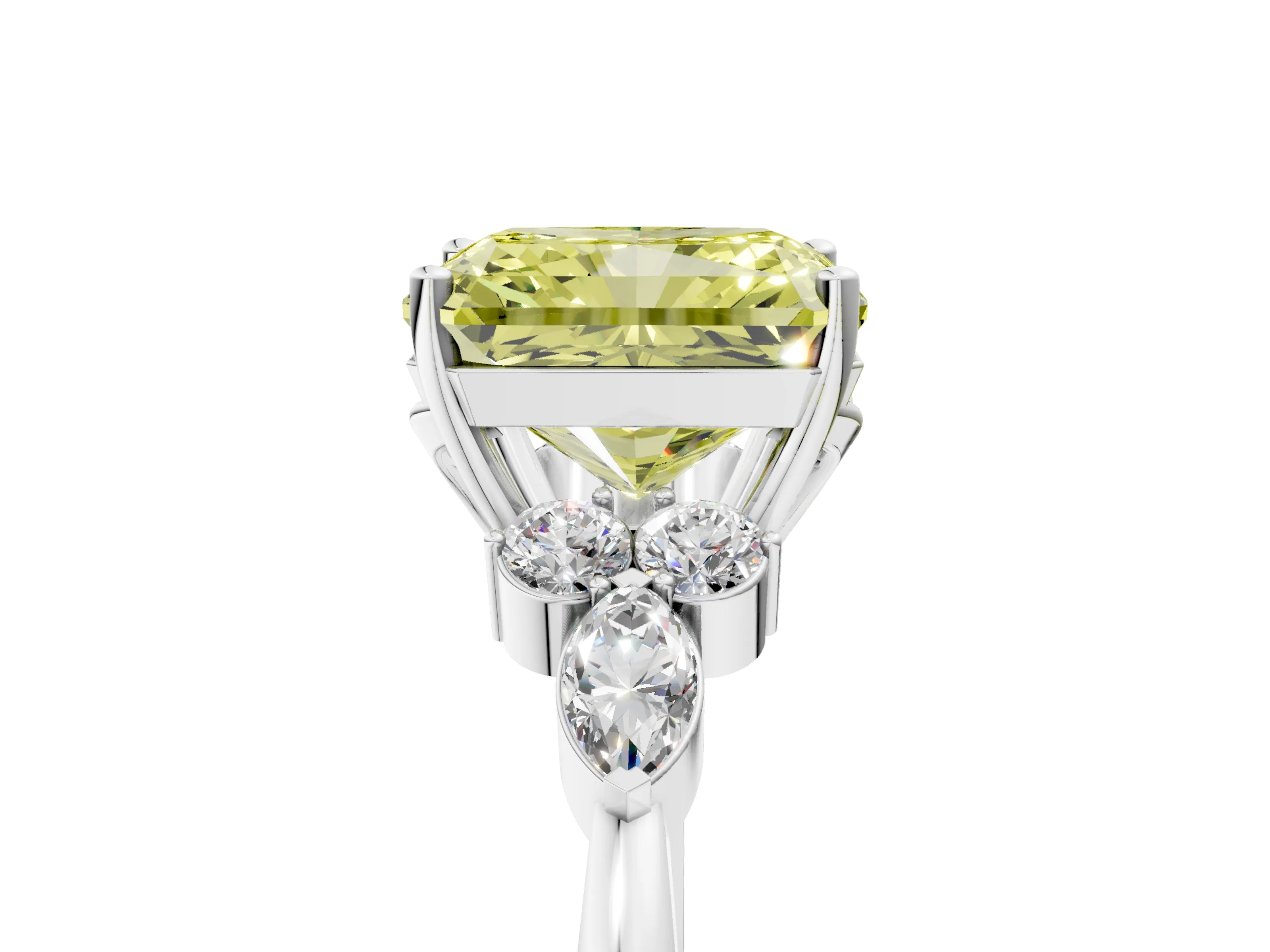 White gold Fancy Yellow Radiant Cut Brilliant Diamond Solitaire Ring with Pear Side Stones and Four-Prong Setting_11