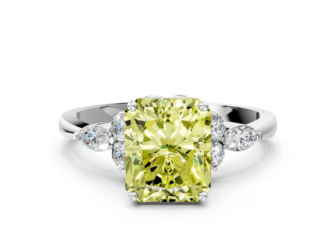 White gold Fancy Yellow Radiant Cut Brilliant Diamond Solitaire Ring with Pear Side Stones and Four-Prong Setting_6