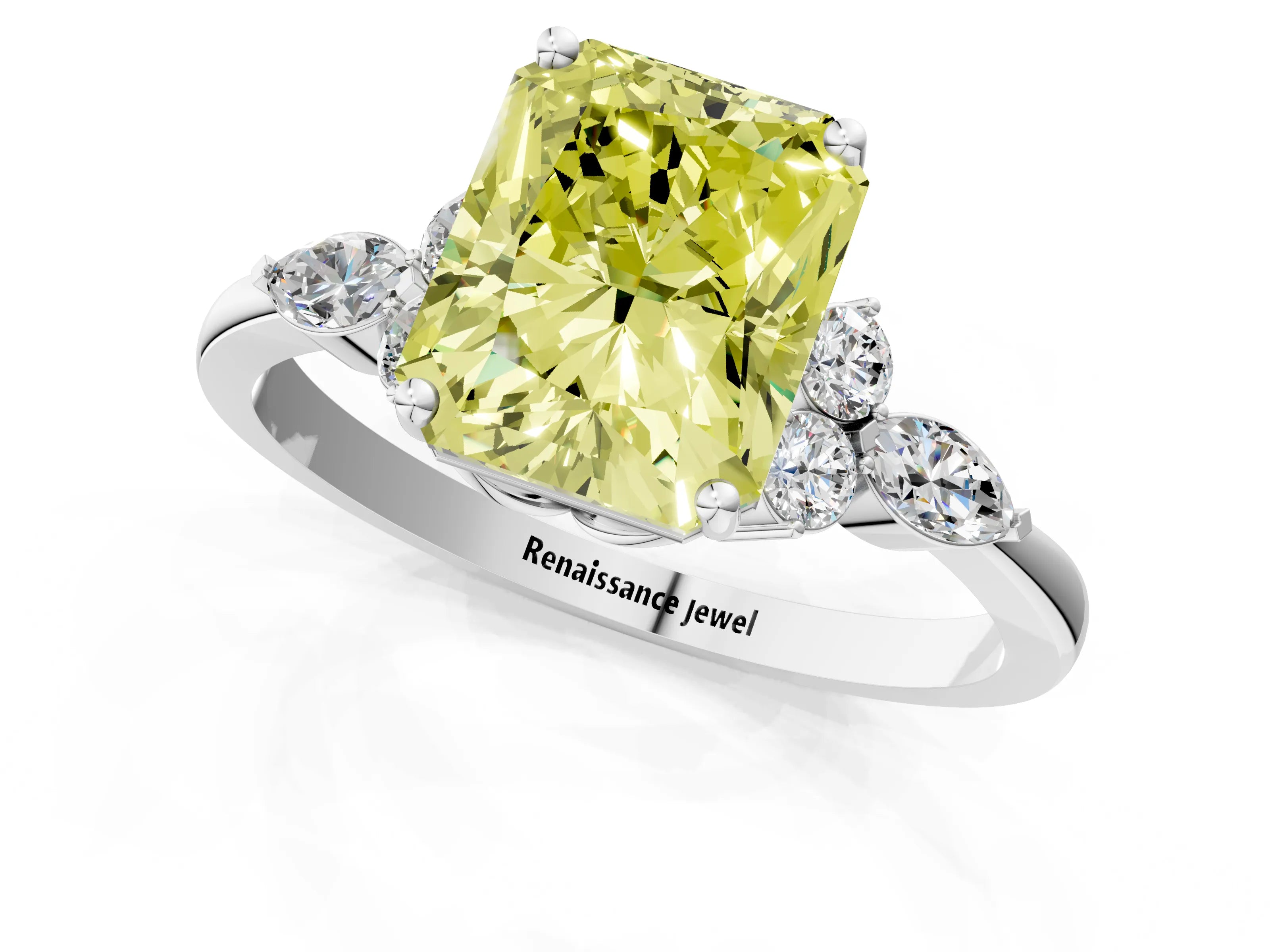 White gold Fancy Yellow Radiant Cut Brilliant Diamond Solitaire Ring with Pear Side Stones and Four-Prong Setting_7