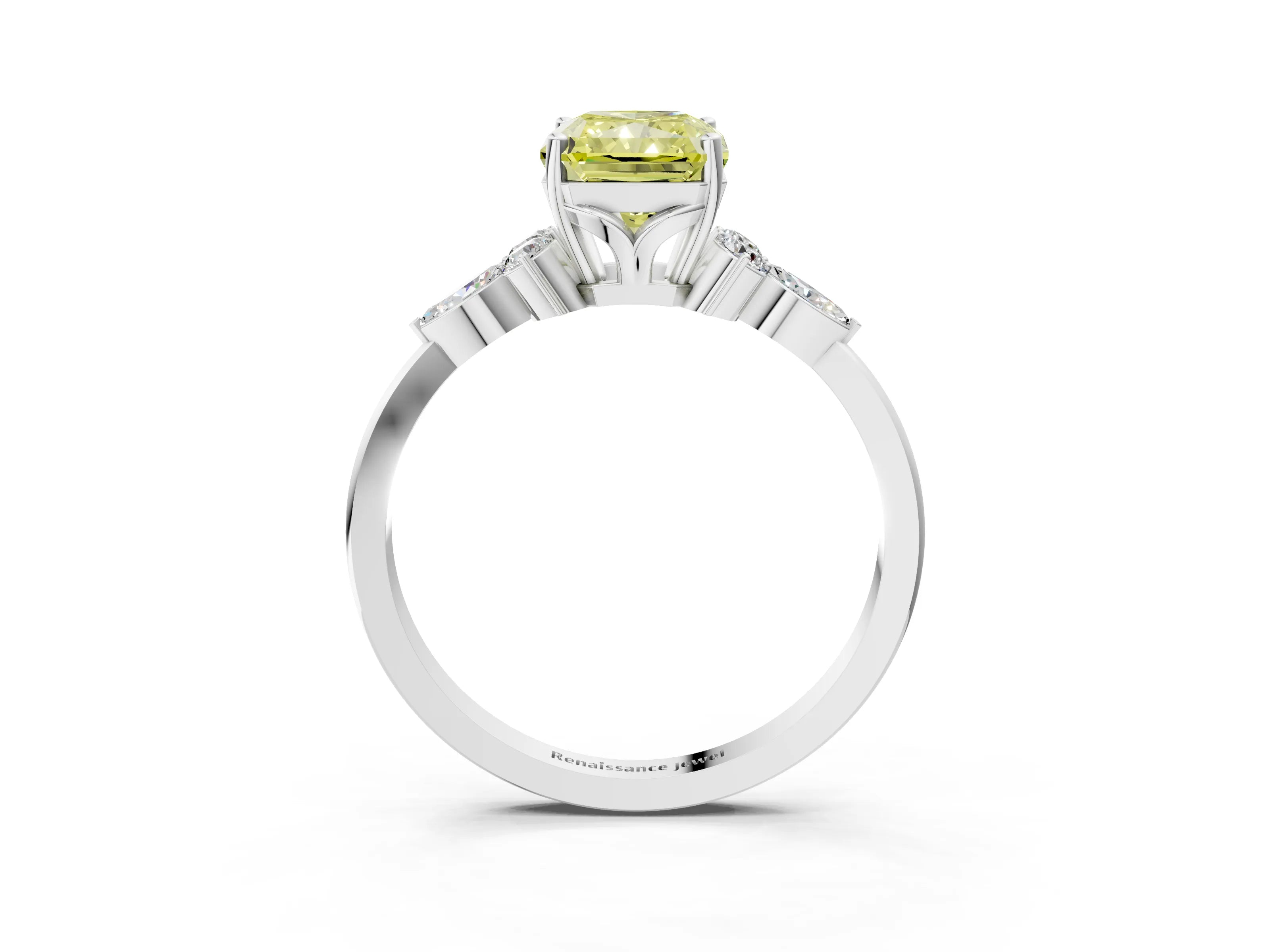 White gold Fancy Yellow Radiant Cut Brilliant Diamond Solitaire Ring with Pear Side Stones and Four-Prong Setting_9