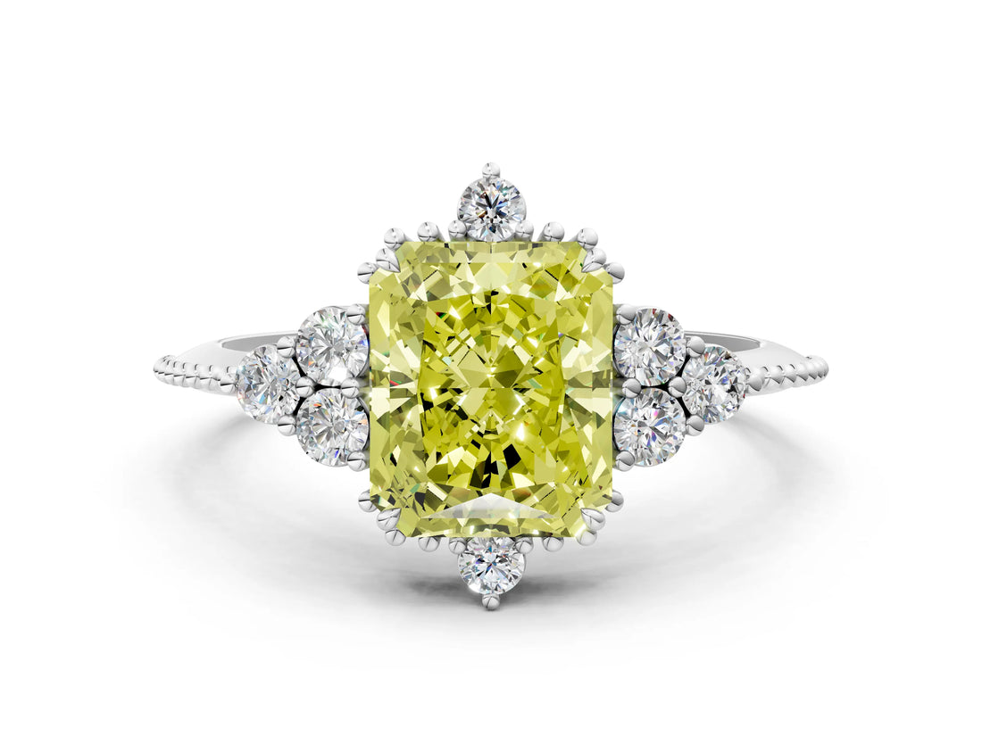 White gold Fancy Yellow Radiant Cut Brilliant Diamond with Cluster Setting on a Beaded Band and Four-Prong Setting_24