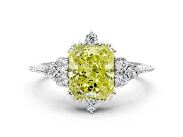 White gold Fancy Yellow Radiant Cut Brilliant Diamond with Cluster Setting on a Beaded Band and Four-Prong Setting