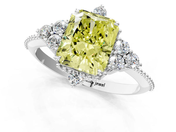 White gold Fancy Yellow Radiant Cut Brilliant Diamond with Cluster Setting on a Beaded Band and Four-Prong Setting