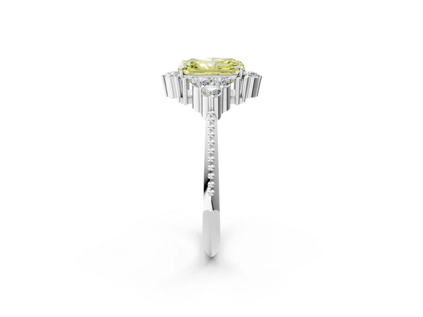White gold Fancy Yellow Radiant Cut Brilliant Diamond with Cluster Setting on a Beaded Band and Four-Prong Setting