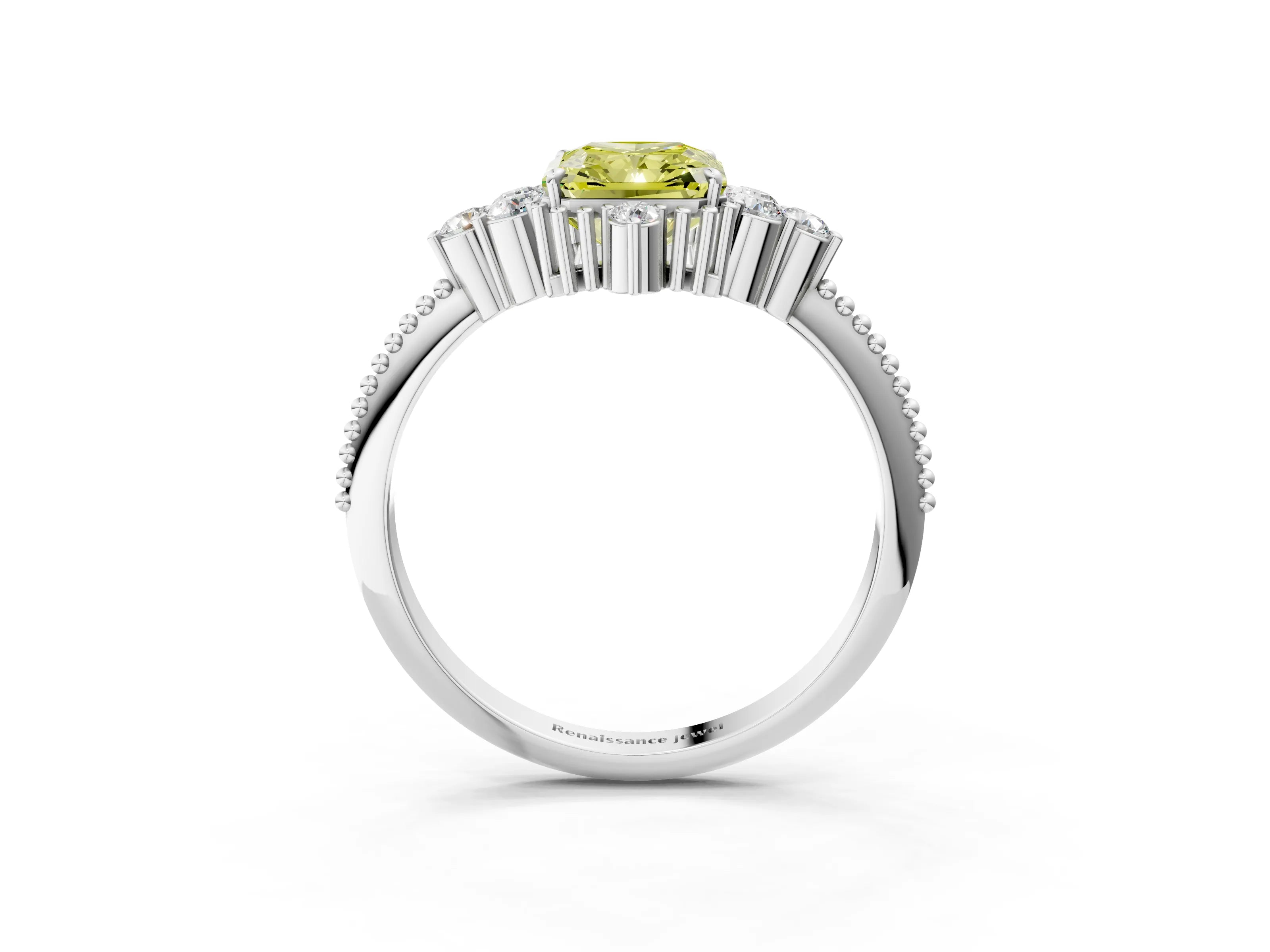 White gold Fancy Yellow Radiant Cut Brilliant Diamond with Cluster Setting on a Beaded Band and Four-Prong Setting_27