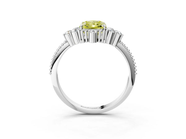 White gold Fancy Yellow Radiant Cut Brilliant Diamond with Cluster Setting on a Beaded Band and Four-Prong Setting