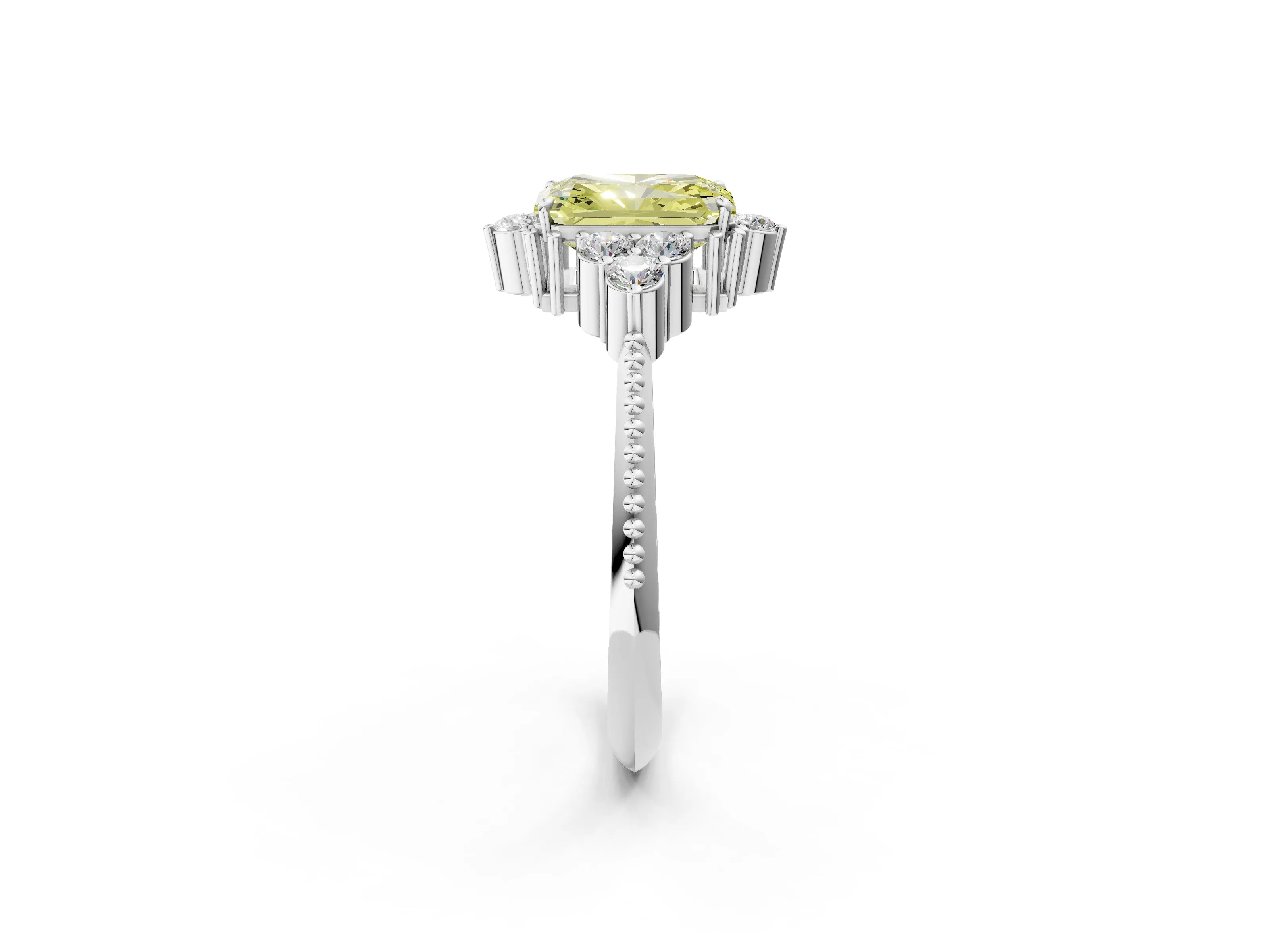 White gold Fancy Yellow Radiant Cut Brilliant Diamond with Cluster Setting on a Beaded Band and Four-Prong Setting_2