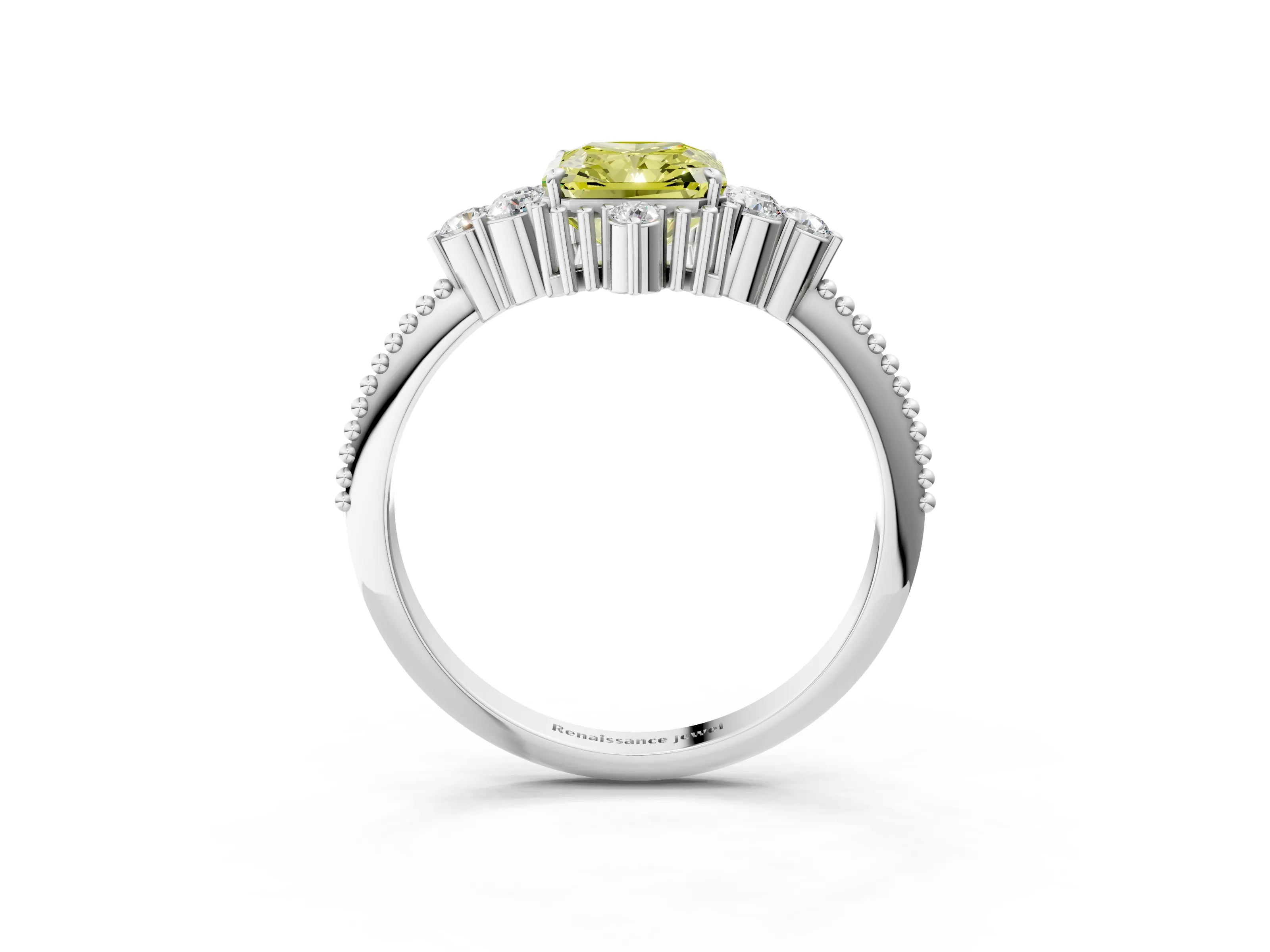 White gold Fancy Yellow Radiant Cut Brilliant Diamond with Cluster Setting on a Beaded Band and Four-Prong Setting_3